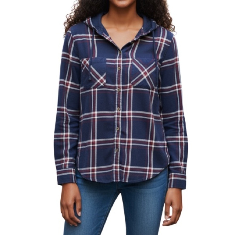 GARAGE Boyfriend Fit Plaid Hooded Flannel Shirt Navy Blue Burgundy White Size M